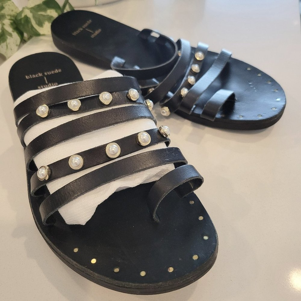 Black Suede Studio Sandals with Strappy Pearl accents sz 8.5 NEW